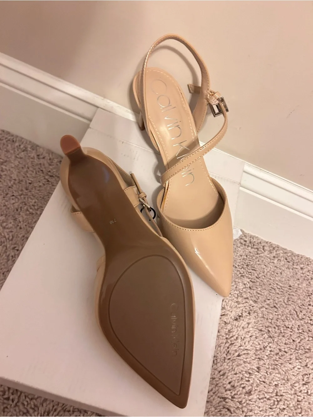 Calvin Klein Women's Beige Patent Pointed-Toe Slingback Heels